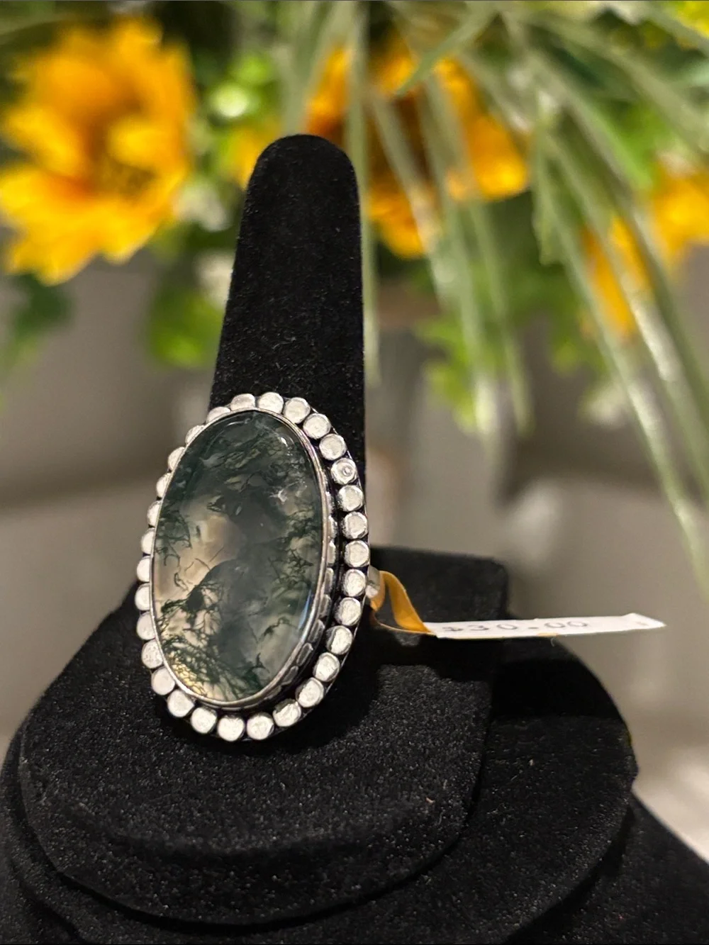 Sterling Silver Moss Agate Oval Statement Ring Size 8